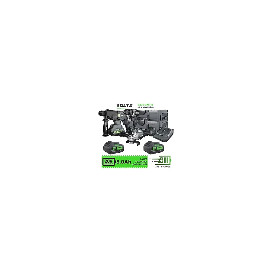 Voltz - 20 Volt 5 Amper - Akülü 3 Lü Set - Kırıcı Delici Darbeli Matkap - Avuç Taşlama - Vz20-3Kıt-B