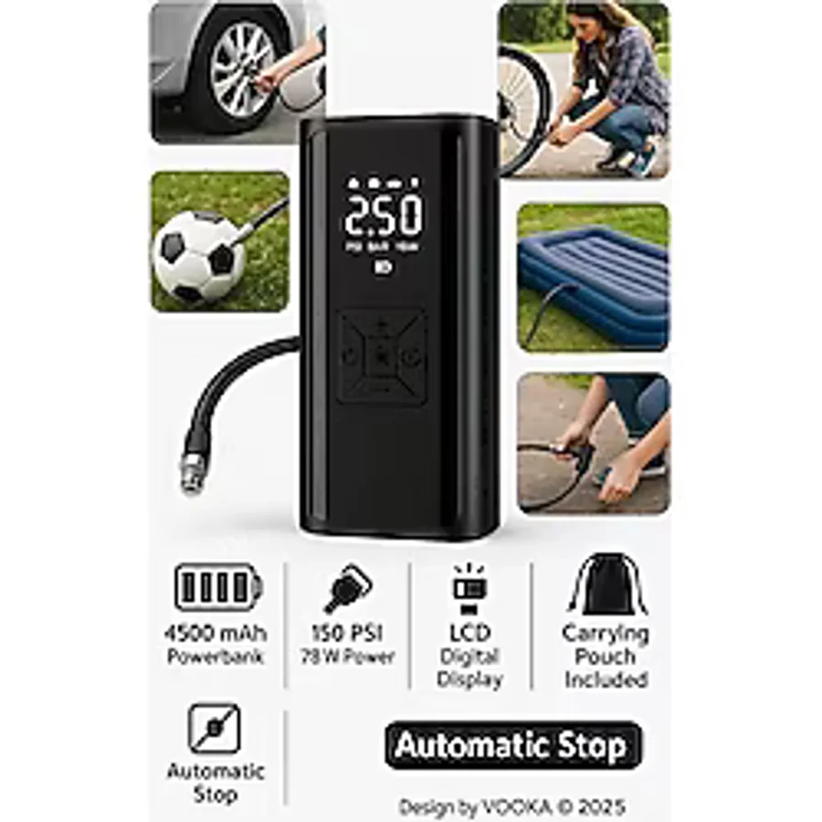 vooka Kablosuz Hava Kompresörü Taşınabilir Lastik Şişirme Pompası 150 Psı Dijital Göstergeli Type-C Şarjlı Araç Lastik Pompası Mini Kompresör Powerbank Özellikli LED Fenerli Araba Motor Bisiklet Top Ş