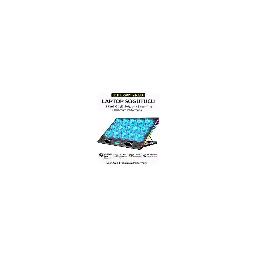 vooka Notebook Soğutucu 15 Fanlı Rgb Işıklı Laptop Soğutucu Stand LCD Ekran Güçlü Sessiz Soğutma - 9-17 inch