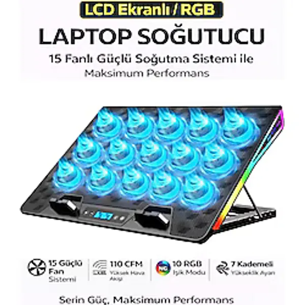 VOOKA RGB Işıklı Laptop Soğutucu Stand LCD Ekran 15 Fanlı Güçlü Sessiz Soğutma
