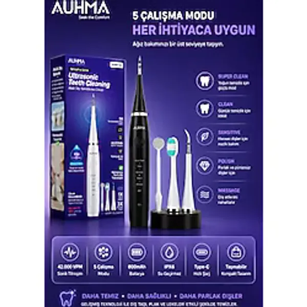 Vothoon Ultrasonic Şarjlı Elektrikli Akıllı Diş Temizleme Cihazı Beyazlatıcı 5 Mod 3+1 Başlık, IPX8 Su Geçirmez Siyah