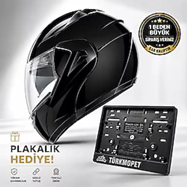 Vrt Çene Açılır Güneş Vizörlü Kask + Plakalık - Siyah