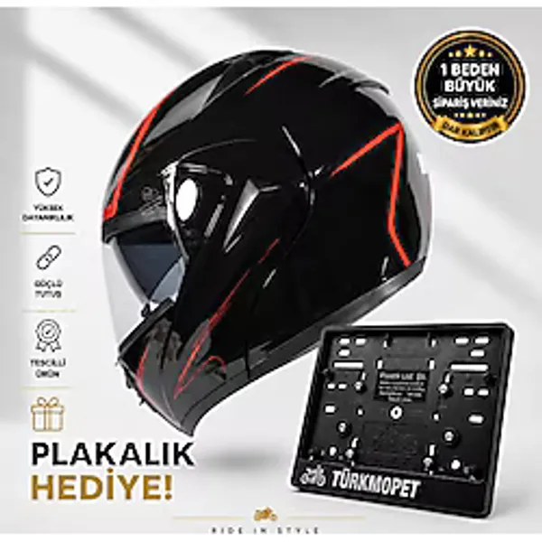 Vrt Çene Açılır Güneş Vizörlü Kask + Plakalık - Siyah - Kırmızı