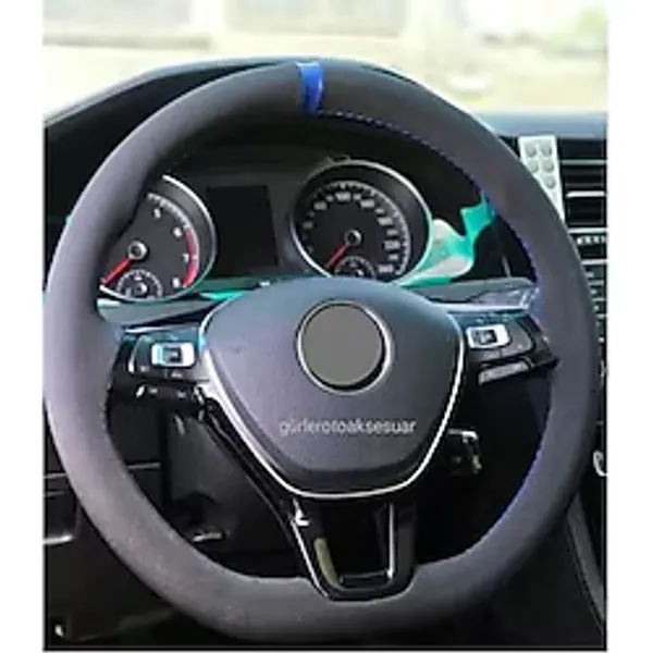 Vw Passat B6 Uyumlu Alkantara Dikmeli Direksiyon Kılifı Mavi Yüzüklü
