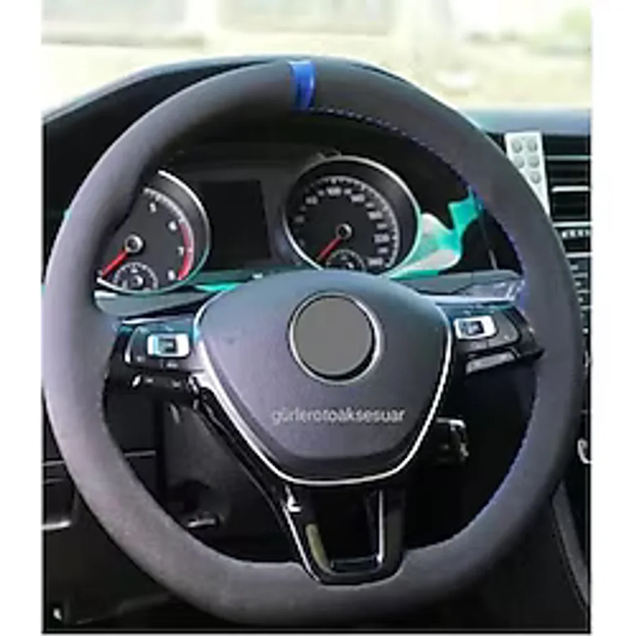 Vw Passat B7 Uyumlu Dikmeli Direksiyon Kılıfı Alkantara Mavi Yuzuklu
