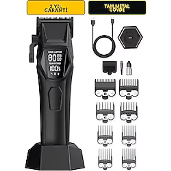 wablow Saç Kesme Makinesi Şarjlı Tıraş Makinesi, Erkek Bakım Seti - 8000 RPM Kablosuz Şarj Tabanı Berber Kuaför Tipi, 8 Kılavuz Taraklı, LED Ekran, Type-C