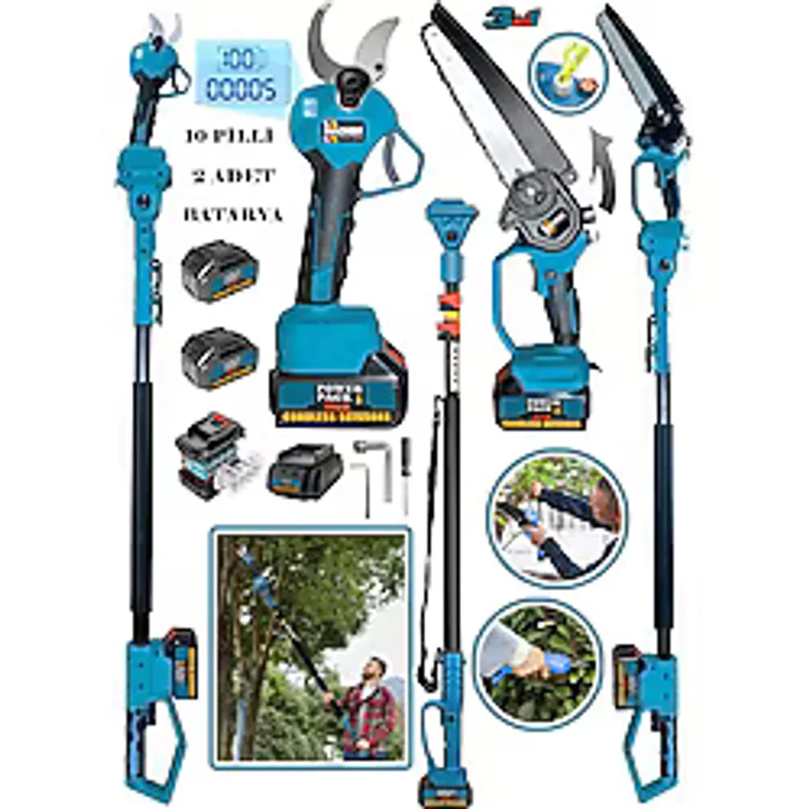 Wacker Pro 2 Akü 10 Pilli 3 Lü Set Teleskopik + Yağ Pompalı Dal Ağaç Kesme + 40 Mm Dijital Bağ Budama Makası