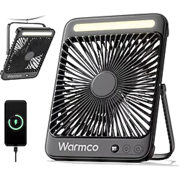 Warmco 20000mAh 8 inç Taşınabilir Kamp Fanı, 48 Saat Maksimum Çalışma Süresi, LED Işık, Sessiz İnce Pille Çalışan Kişisel Masa Fanı Ofis, Seyahat, Yatak Odası, Dış Mekan için Dijital Ekranlı