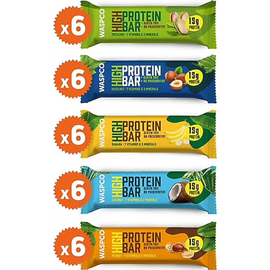 Waspco Yüksek Protein Bar 50g Karma Kutu 30 Adet (5 Çeşit)