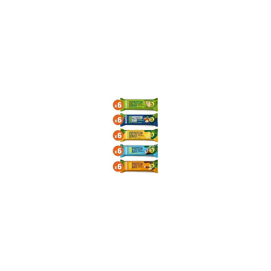 Waspco Yüksek Protein Bar 50g Karma Kutu 30 Adet 5 Çeşit Glutensiz ve Koruyucusuz Atıştırmalık