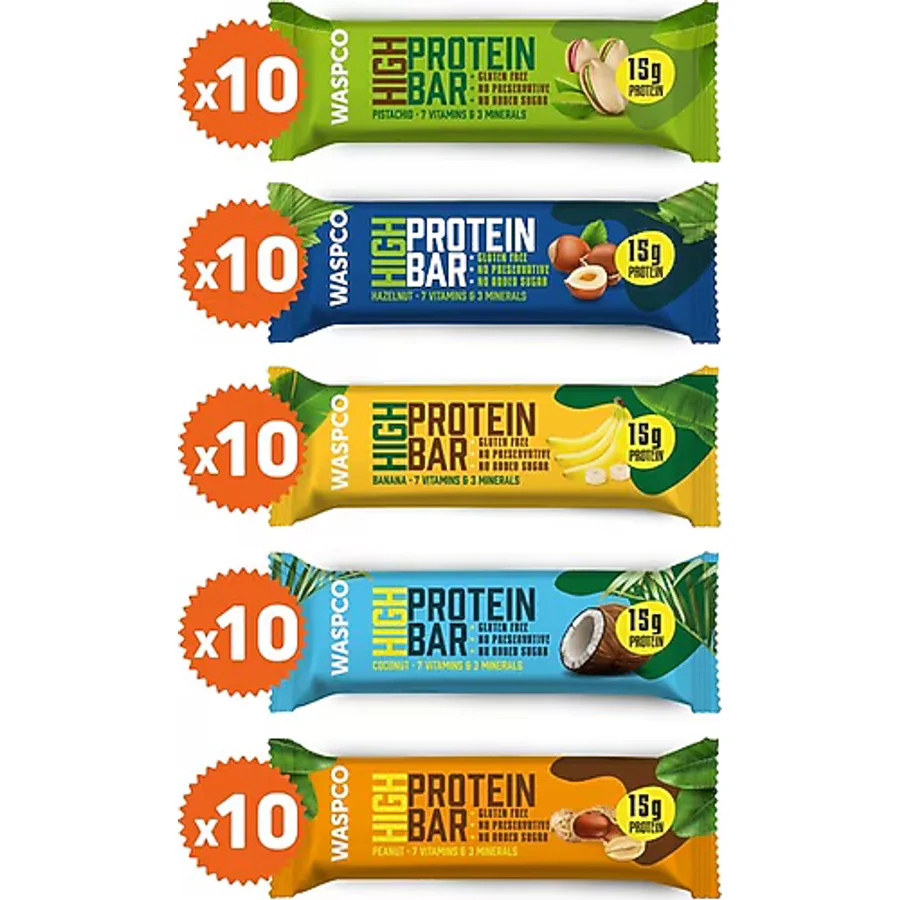 WaspCo Yüksek Protein Bar 50g Karma Kutu 50 Adet (5 Çeşit)