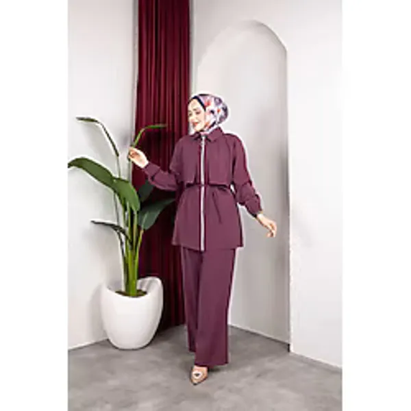 Weak Blue Kadın Tesettür Takım Çift Kat Görünümlü Fermuarlı Tunik Bol Paça Pantolon Moda Kumaş İkili Takım