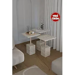 webotto 8 Edisam İkonik 3'lü Zigon Sehpa Yan Sehpa Servis Sehpası Ahşap Gövde Traverten Desen