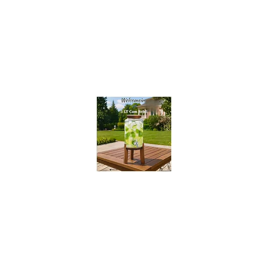 Welcomein Akasya Standlı Cam Sebil 5l Musluklu Soğuk Içecek Dispenseri Limonata, Detoks Suyu, Meyve Aromaları - Şeffaf - 5 lt
