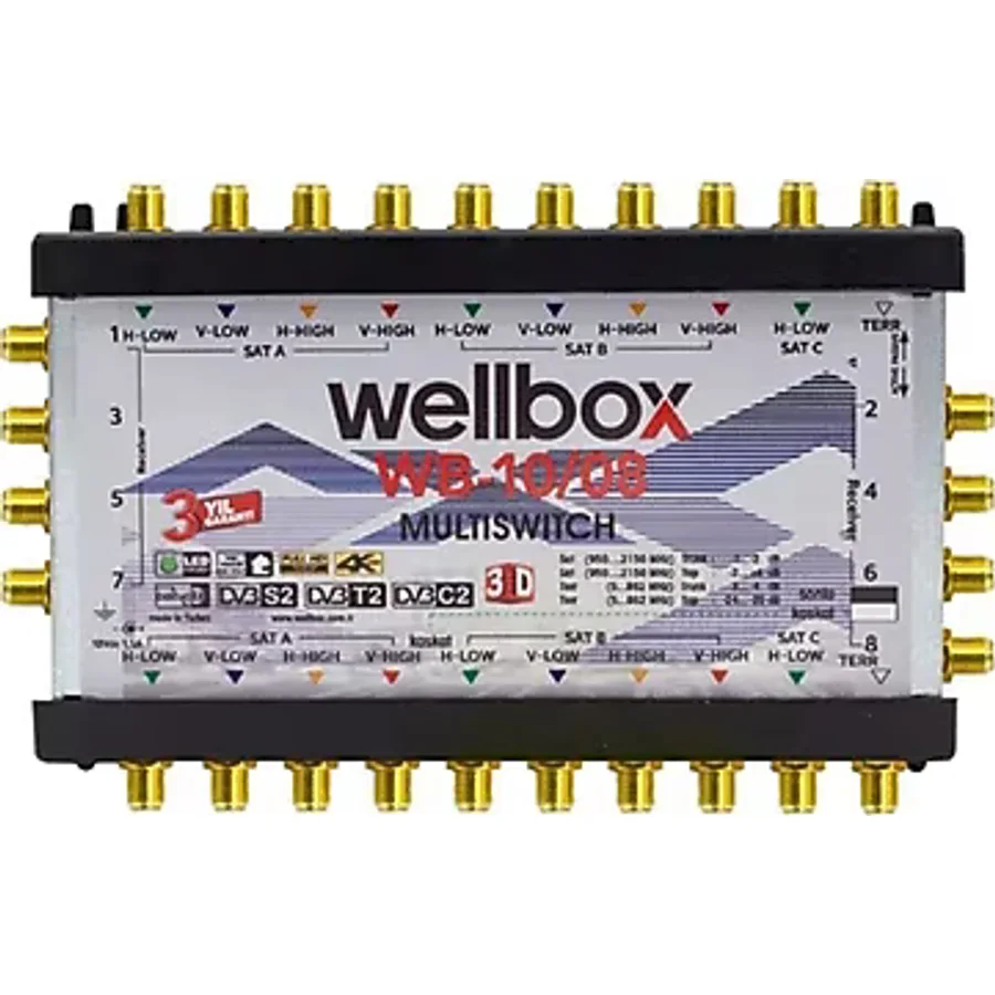 Wellbox 10/8 Yüksek Sinyal Toplama Özellikli 8 Daireli Merkezi Uydu Santralı Adaptör Dahil Multiswitch