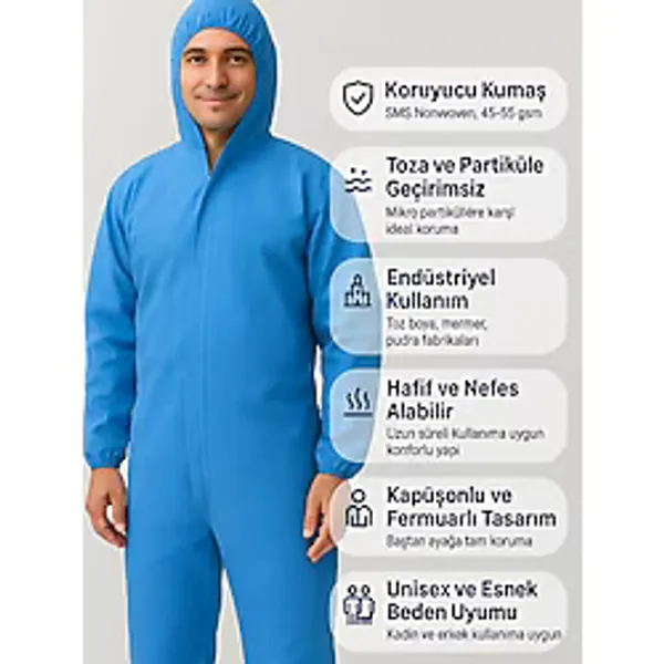 White Guard Mavi Tulum, Kapüşonlu Tek Kullanımlık Sms Koruyucu Tulum - 10 lu Pakette - 2XL