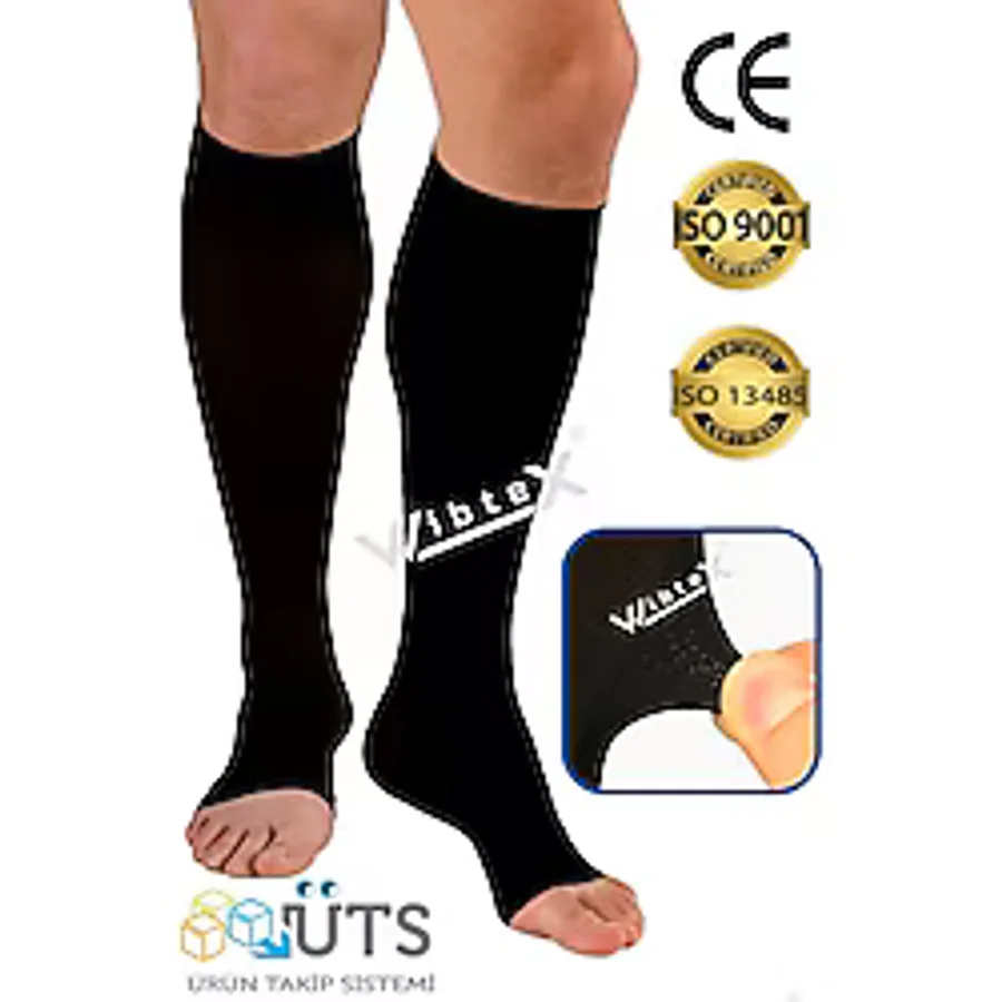 Wibtex Diz Altı Varis Çorabı Burnu Açık Çorap (Siyah Renk) Orta Basınç Ccl2(Çift Bacak) - 5