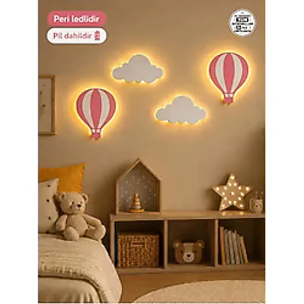Windly Concept Led Işıklı Sıcak Hava Balonu Ve Bulut Duvar Süsü Seti Mdf Bebek Odası Dekoru Çocuk Odası Dekorasyonu Pil Dahil Pembe