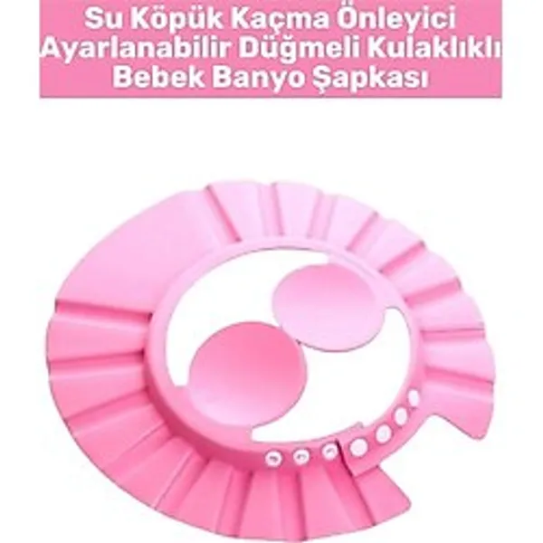 Wintoup Premium Sağlıklı Malzeme Su Köpük Kaçmaz Ayarlanabilir Düğmeli Kulaklıklı Pembe Bebek Banyo Şapkası