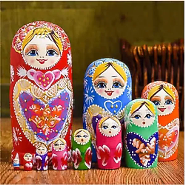 Wolawood Doğal Ahşap Matruşka Bebek El Yapımı El Boyaması Nostaljik Vintage Dekoratif Hediyelik Süs 5'li Seri