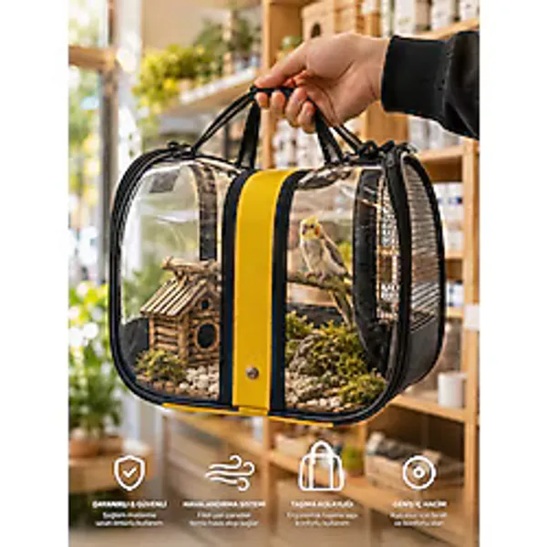 Wolypet Şeffaf Taşınabilir Kuş Taşıma Çantası - Güvenli ve Şık Yolculuklar Ölçüler: 30 x 18 x 20 cm