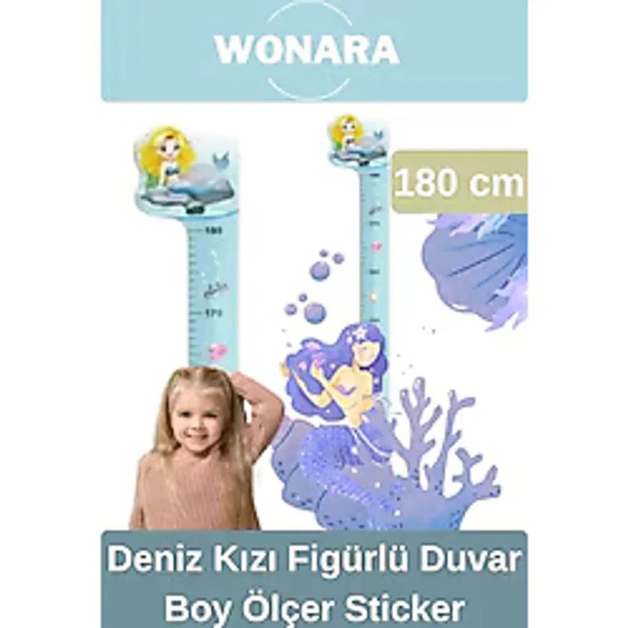 Wonara Özel Üretim Çocuk İçin Deniz Kız Figürlü Çift Taraflı Yapışkanlı Silinebilir Duvar Boy Ölçer Sticker
