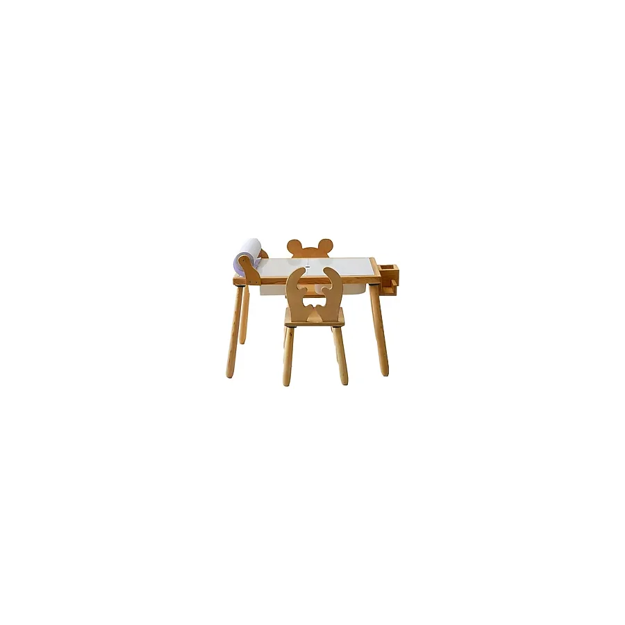 Wood & Joy & Doğal Ahşap Duyusal Çocuk Aktivite Masası Oyun Masası ve Çocuk Çalışma Masası 2 Sandalye Seti(Rulo Aparatlı ve Kırtasiye İstasyonlu) - Beyaz