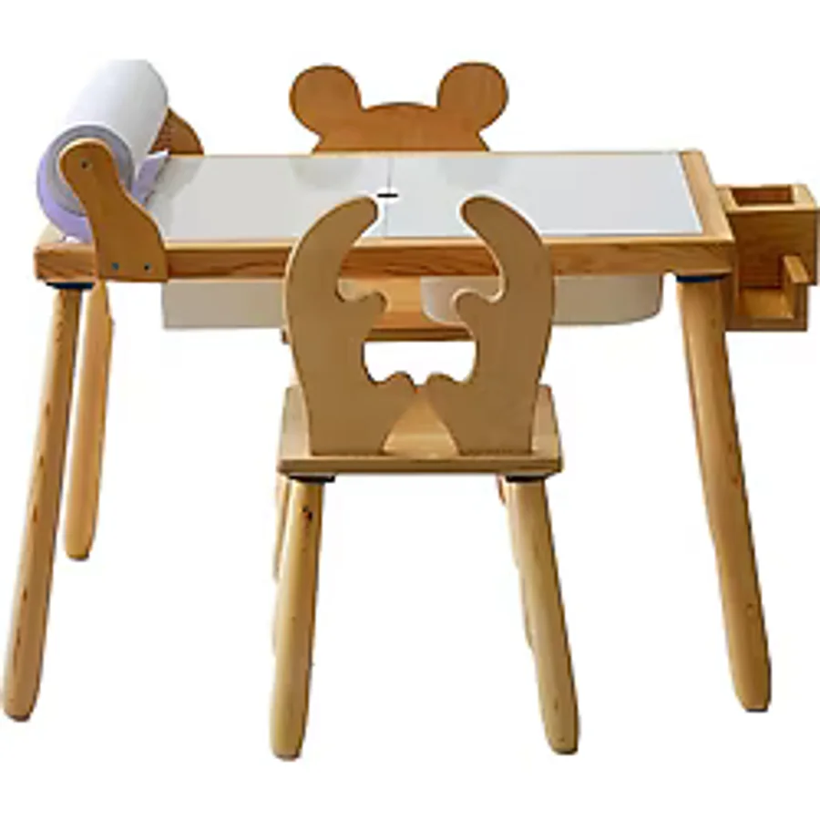 Wood & Joy Doğal Ahşap Duyusal Çocuk Aktivite Masası Oyun Masası ve Çocuk Çocuk Masa Sandalye 2 Sandalye Seti(Rulo Aparatlı ve Kırtasiye İstasyonlu) - Sarı