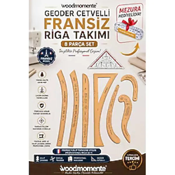 Wood Momente Woodmomente Geoder Cetvelli Fransız Model 8 Parça Riga Takımı + Mezura Hediyeli
