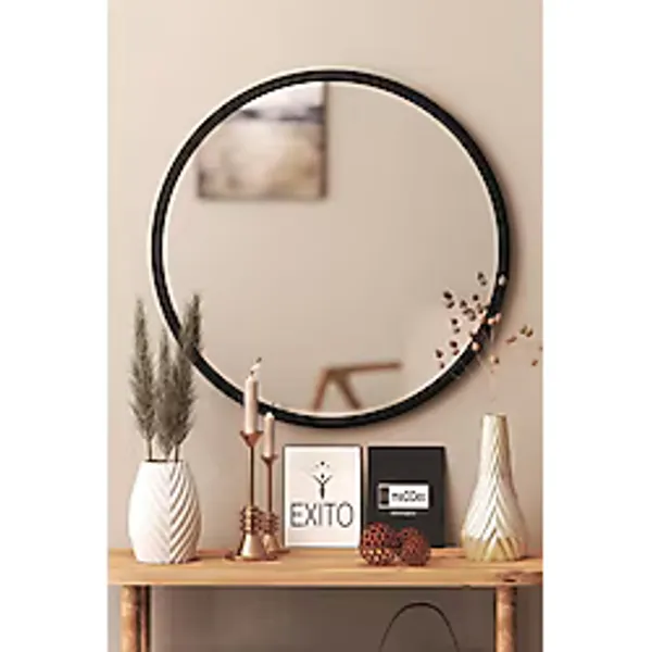woodstore Siyah Dekoratif Yuvarlak Antre Hol Koridor Duvar Salon Mutfak Banyo Wc Ofis Aynası 45 Cm