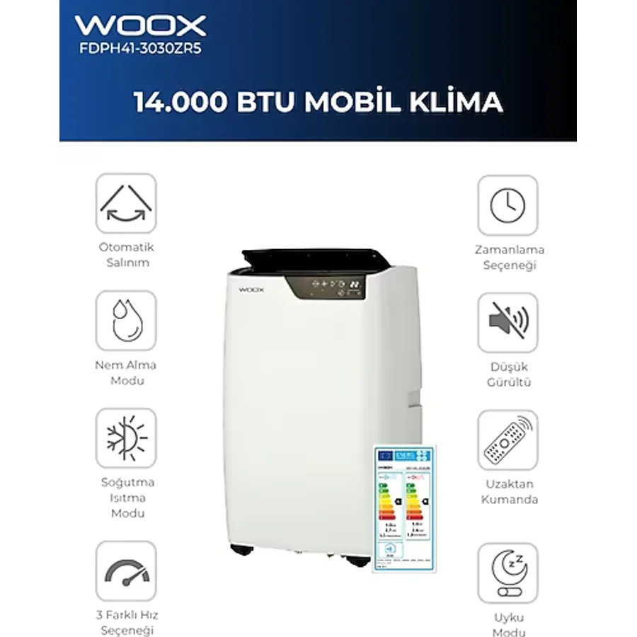 Woox 14000 BTU Isıtma & Soğutma Özellikli Taşınabilir Mobil Klima A+ Enerji Sınıfı - Beyaz