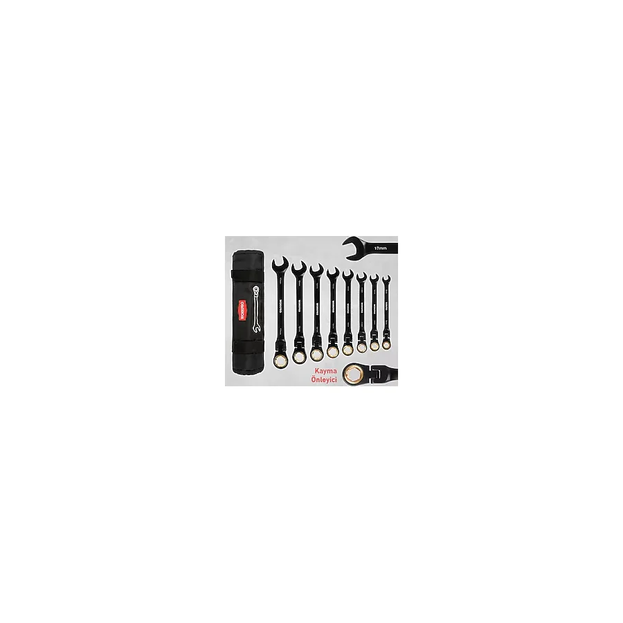 WORKPRO WP202603 8-17mm 8 Parça CR-V Profesyonel Mafsallı Cırcır Kombine Anahtar Takımı + Bez Taşıma Kılıfı