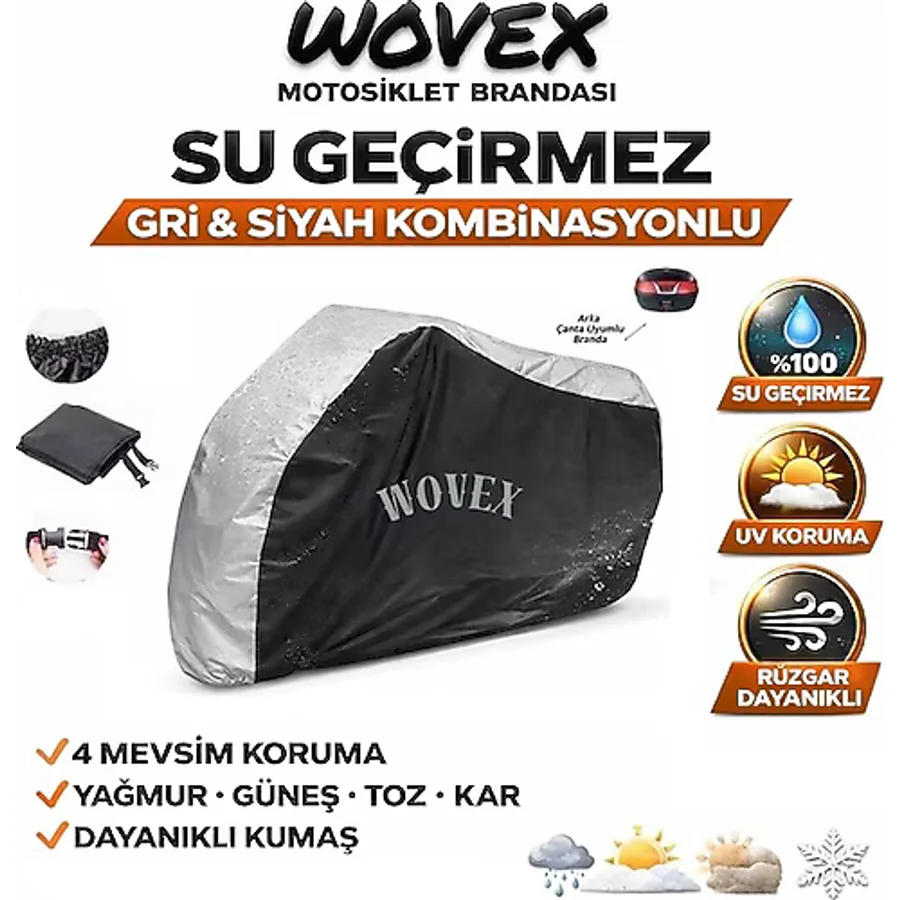 Wovex Honda ile Uyumlu Pcx 125 Motosiklet Brandası Gri-Siyah Kombinasyonlu Arka Çanta Uyumlu Motor Branda