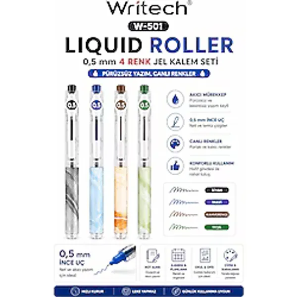 Writech W-501 Liquid Roller 0,5 mm 4 Renk Jel Kalem Seti