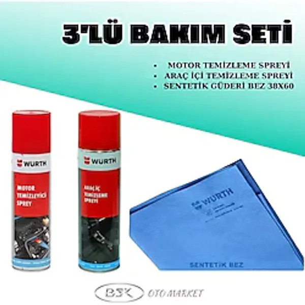 Würth 3'lü Bakım Seti Motor Temizleme Spreyi+Araç Içi Temizleme Spreyi+Sentetik Güderi Bezi 38X60