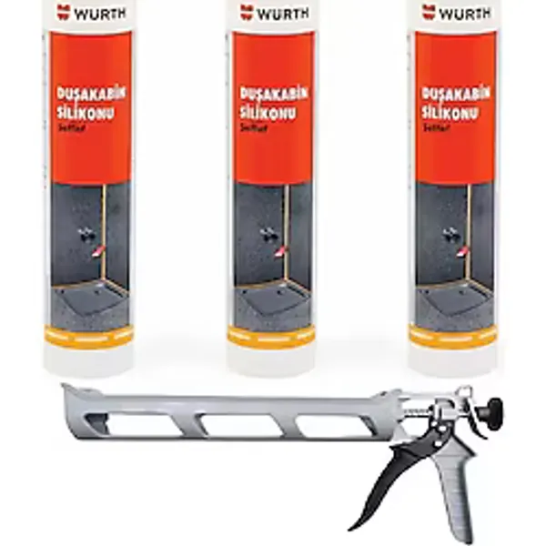 Würth Duşakabin Silikonu Şeffaf Su Geçirmez ve Sızdırmaz 310 ml + Silikon Tabancası - 3 Adet