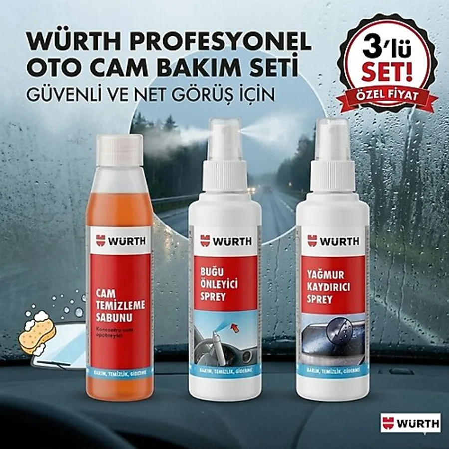 Würth Profesyonel Oto Cam Bakım 3'lü - Cam Temizleme, Buğu Önleyici ve Yağmur Kaydırıcı Sprey