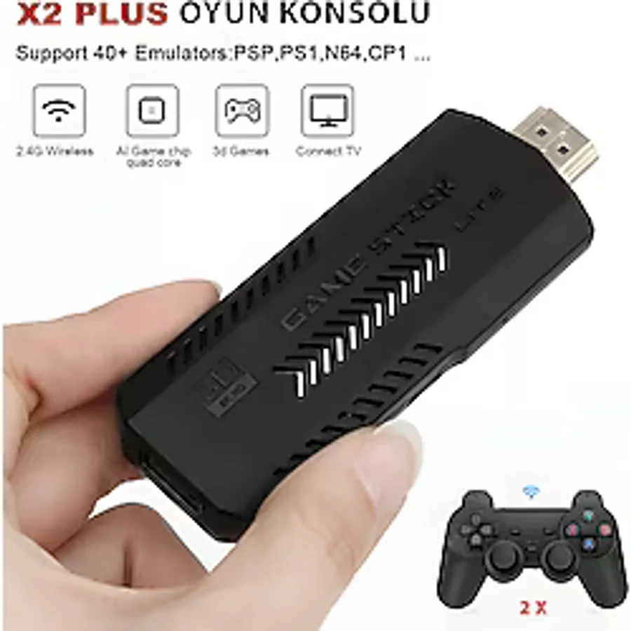 X2 Plus Game Stick, Retro Atari, 4K Hd Video Oyun Konsolu, 3D Retro Oyun, Dahili 30000 Oyun, 40 Farklı Simülatör