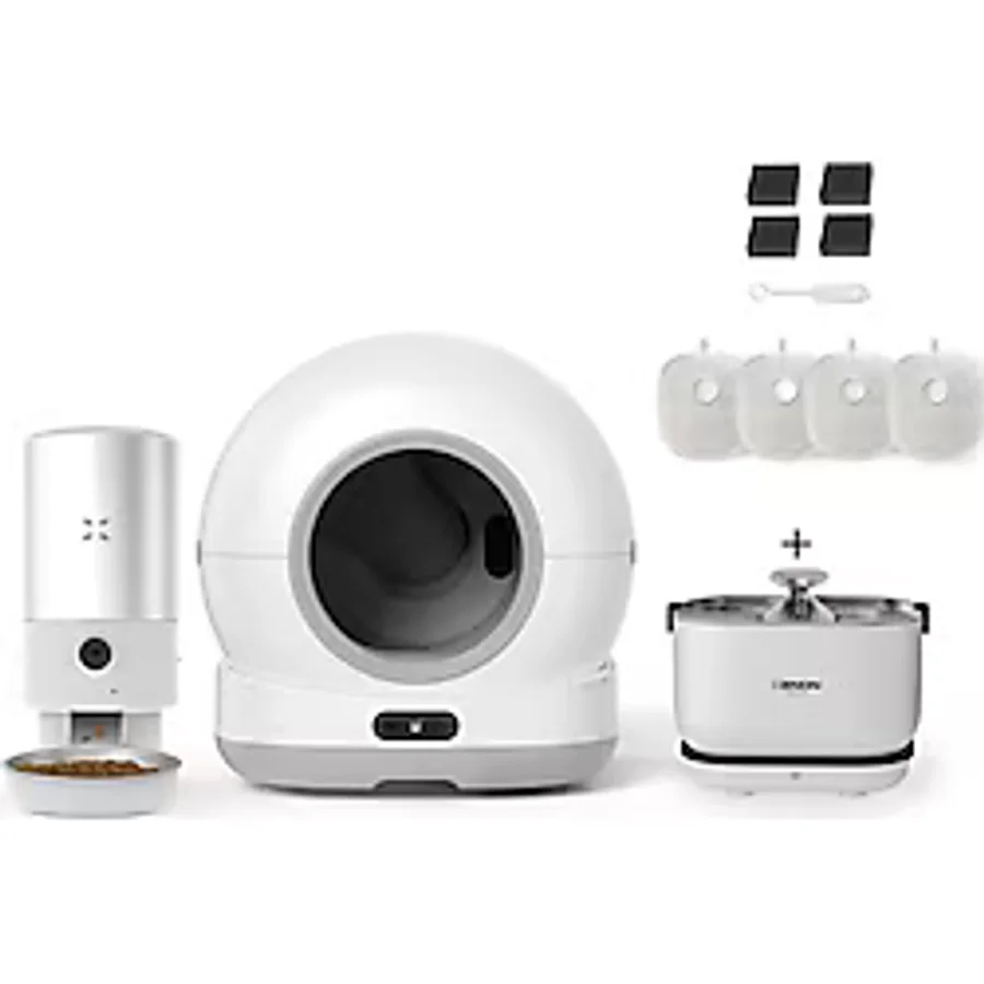 Xenon Smart Akıllı Otomatik Kamerasız Kedi Tuvaleti Paslanmaz Çelik Kaseli 5lt Mama Kabı Akıllı Bataryalı Su Pınarı ve Filtre 4'lü Pet Seti - 58 x 53 x 51 cm - Beyaz