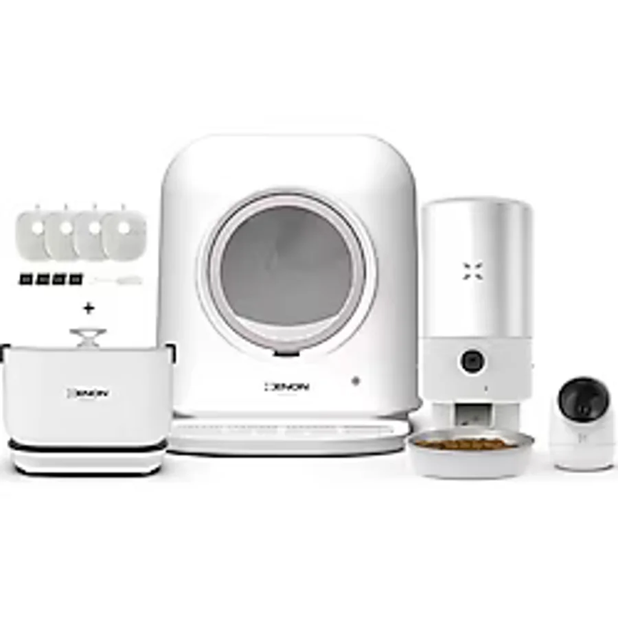 Xenon Smart Akıllı Otomatik Kedi Tuvaleti 5LT Hazneli Çelik Mama Kabı Bataryalı Su Sebili Kamera ve Yedek Filtre 5'li Pet Seti - Beyaz