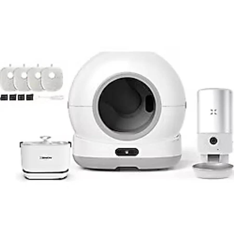 Xenon Smart Akıllı Otomatik Kedi Tuvaleti Kameralı Mama Kabı Ve Çelik Su Pınarı 4'lü Pet Ürünleri Seti - Beyaz