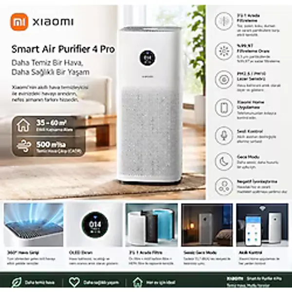 Xiaomi Smart Air Purifier 4 Pro Akıllı Hava Temizleyici 35-60 M2, 500 M3/sa Cadr, 3'ü 1 Arada Filtre, OLED Ekran, Wi-Fi - Beyaz