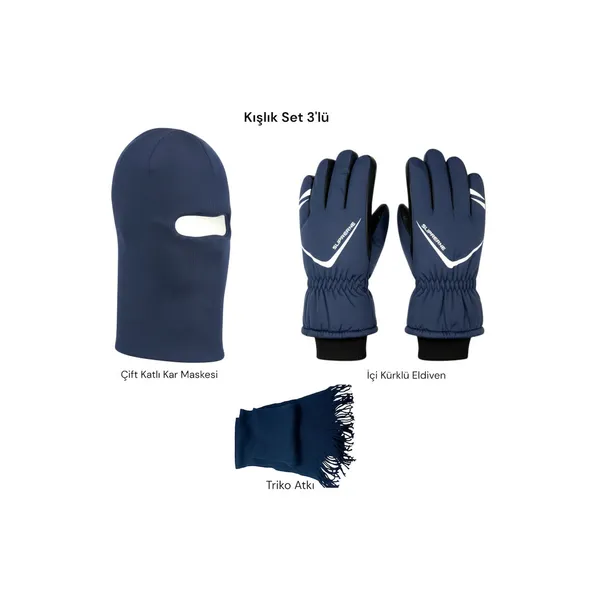 XL 3'lü Kış Seti Motosiklet Kar Kayak Eldiveni Balaklava Atkı Soğuk Rüzgar Geçirmez Unisex