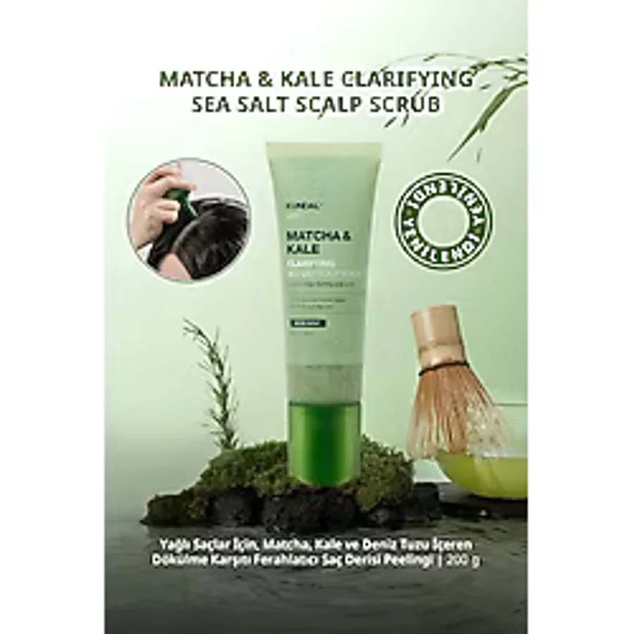 Yağlı Saçlara Dökülme Karşıtı Saç Derisi Peelingi KUNDAL Matcha&Kale Clarifying Sea Salt Scalp Scrub