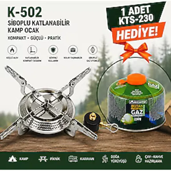 YANARLAR Orcamp K-502 Siboplu Katlanabilir Kamp Ocağı - 1 Adet KTS-230 Gaz Kartuşu Hediyeli