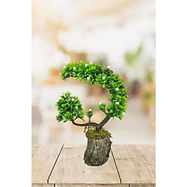 Yapay Çiçek Bonsai Ağacı Kütük Saksıda Beyaz Tomurcuklu Hilal Model Dekoratif Yapay Ağaç Bonzai 30x20 Cm