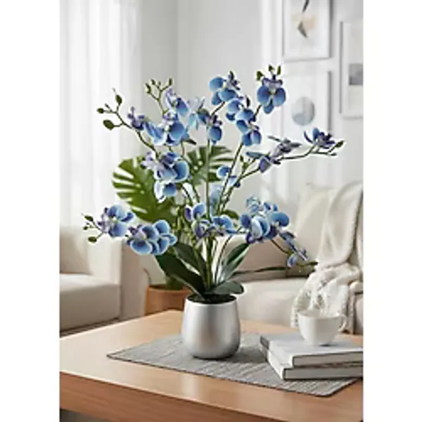 Yapay Çiçek Mavi 9 Dallı Islak Orkide Gümüş Metal Saksıda Saksıda Orkide 60cm