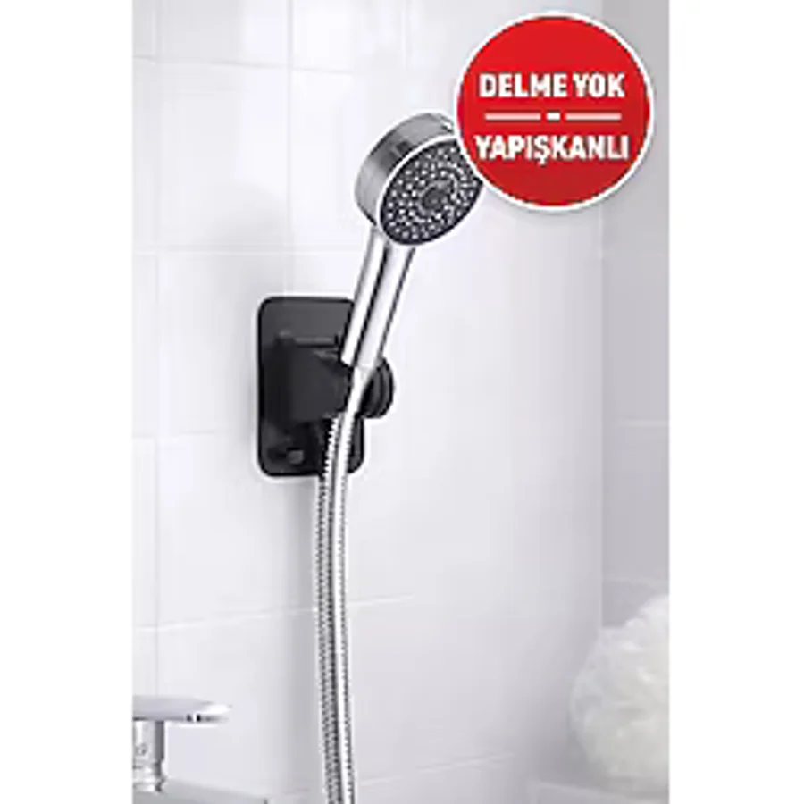 Yapışkanlı Duş Başlığı Tutucu Ayarlı - Delmeden Duvara Monte Siyah Duş Askısı