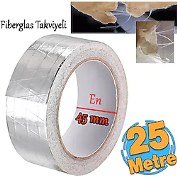 Yapışkanlı Fiberglas Lif Takviyeli Alüminyum Folyo Bant 45 Mm X 25 Metre Yanmaz Soba Borusu Bandı