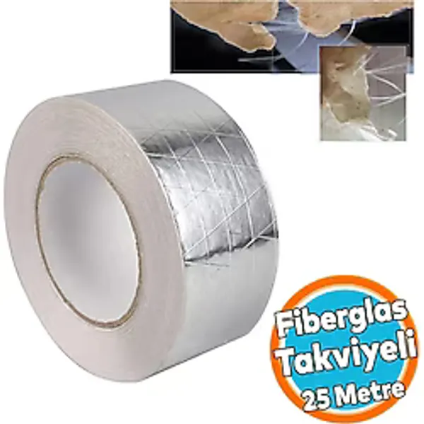 Yapışkanlı Fiberglas Lif Takviyeli Alüminyum Folyo Bant 72 Mm X 25 Metre Yanmaz Soba Borusu Bandı